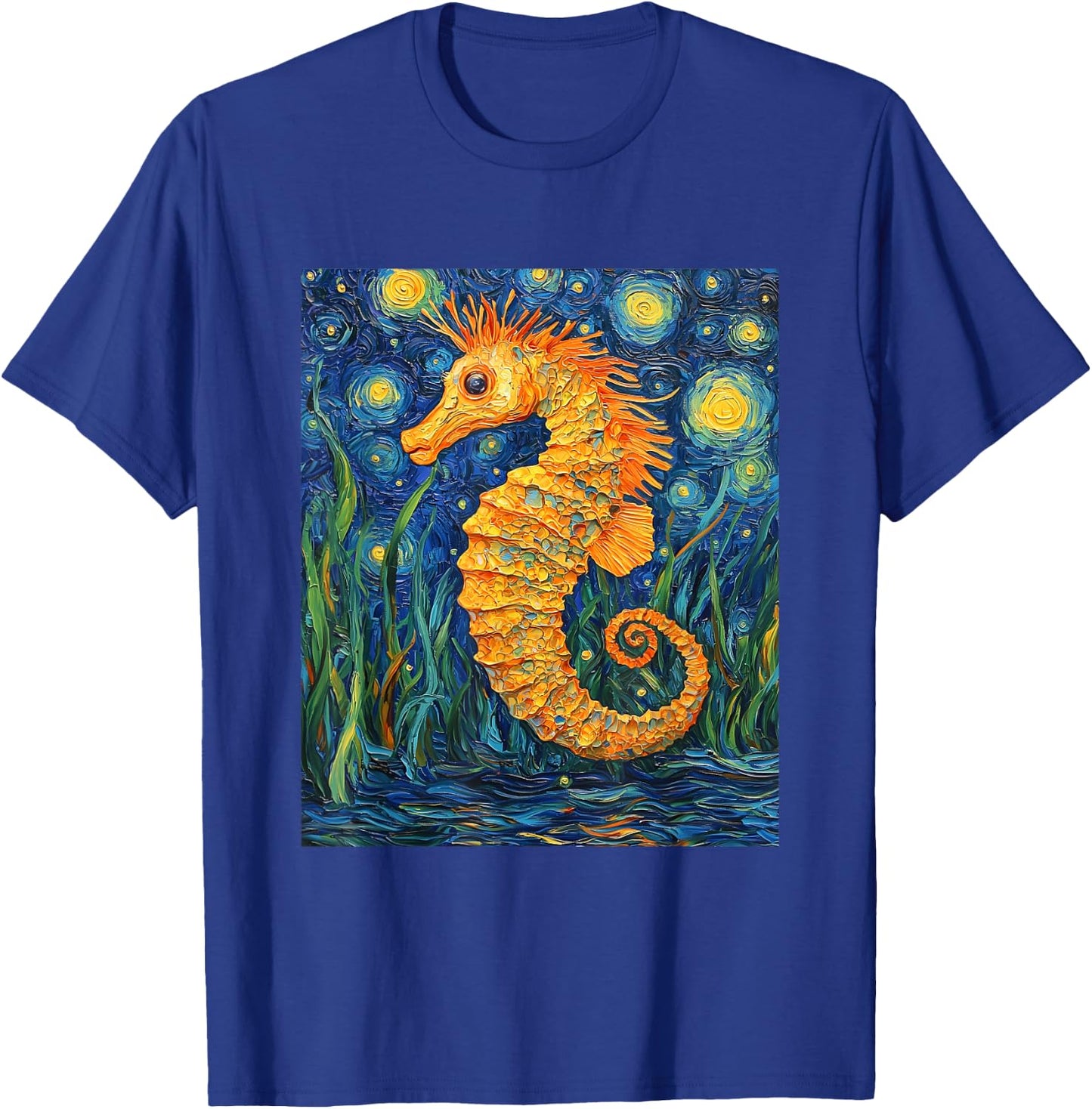 Cute Seahorse - Van Gogh Style - Starry Night Graphic T-Shirt - T-Shirt | Royal