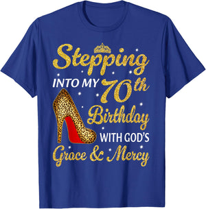 Stepping Into My 70th Birthday Women Leopard High Heel T-Shirt - T-Shirt | Royal