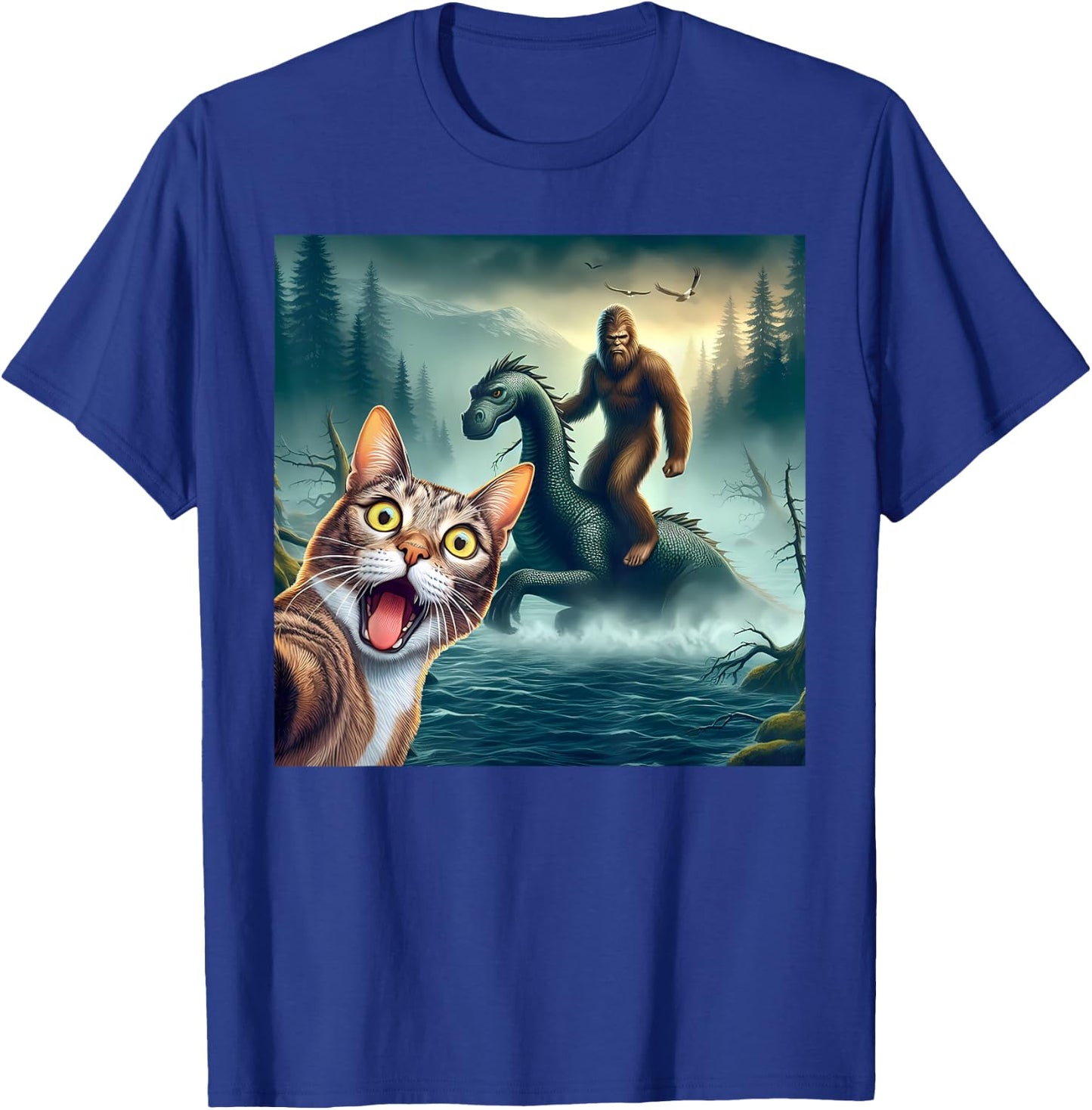 Cat Selfie bigfoot riding loch Ness monster surprised cat Women Kids T-Shirt - T-Shirt | Royal