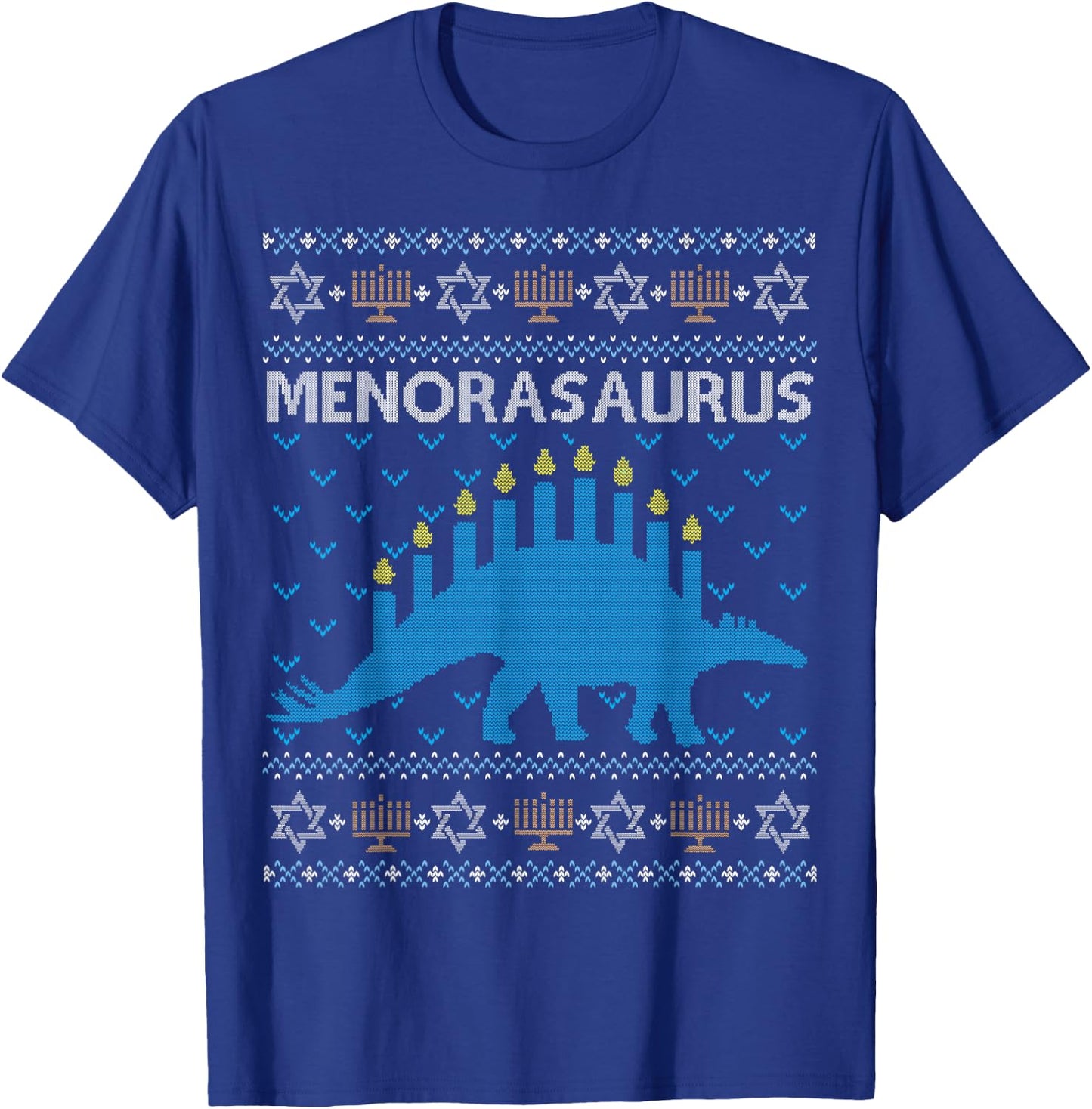 Funny Ugly Hanukkah Sweater Shirt Dinosaur Menorasaurus Gift T-Shirt - T-Shirt | Royal