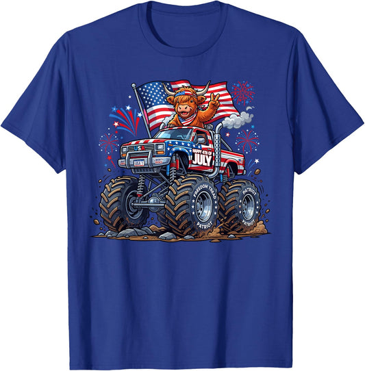 Monster Truck Cow Highland USA Patriotic Shirt 4th of July T-Shirt - T-Shirt | Royal
