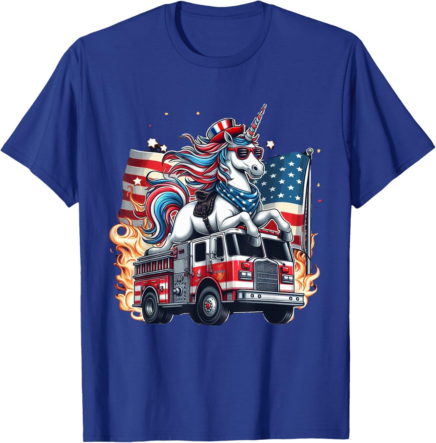 Unicorn Riding Fire Truck 4th of July Boys Girls Women Kids T-Shirt - T-Shirt | Royal
