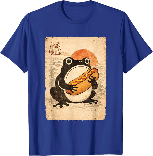 Grumpy Frog Eating Hot Dog Japanese Vintage Toad Lover T-Shirt - T-Shirt | Royal
