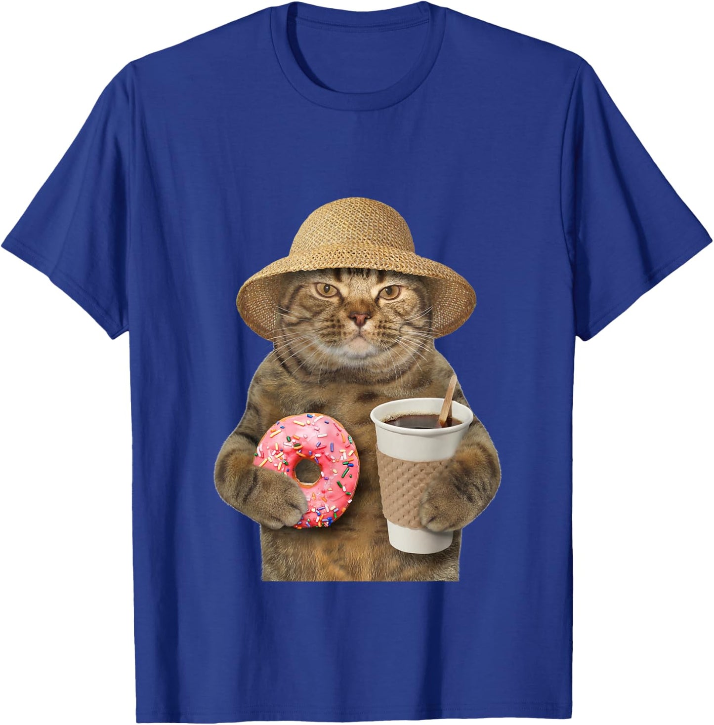 Funny brown Cat with coffee and donut T-Shirt - T-Shirt | Royal