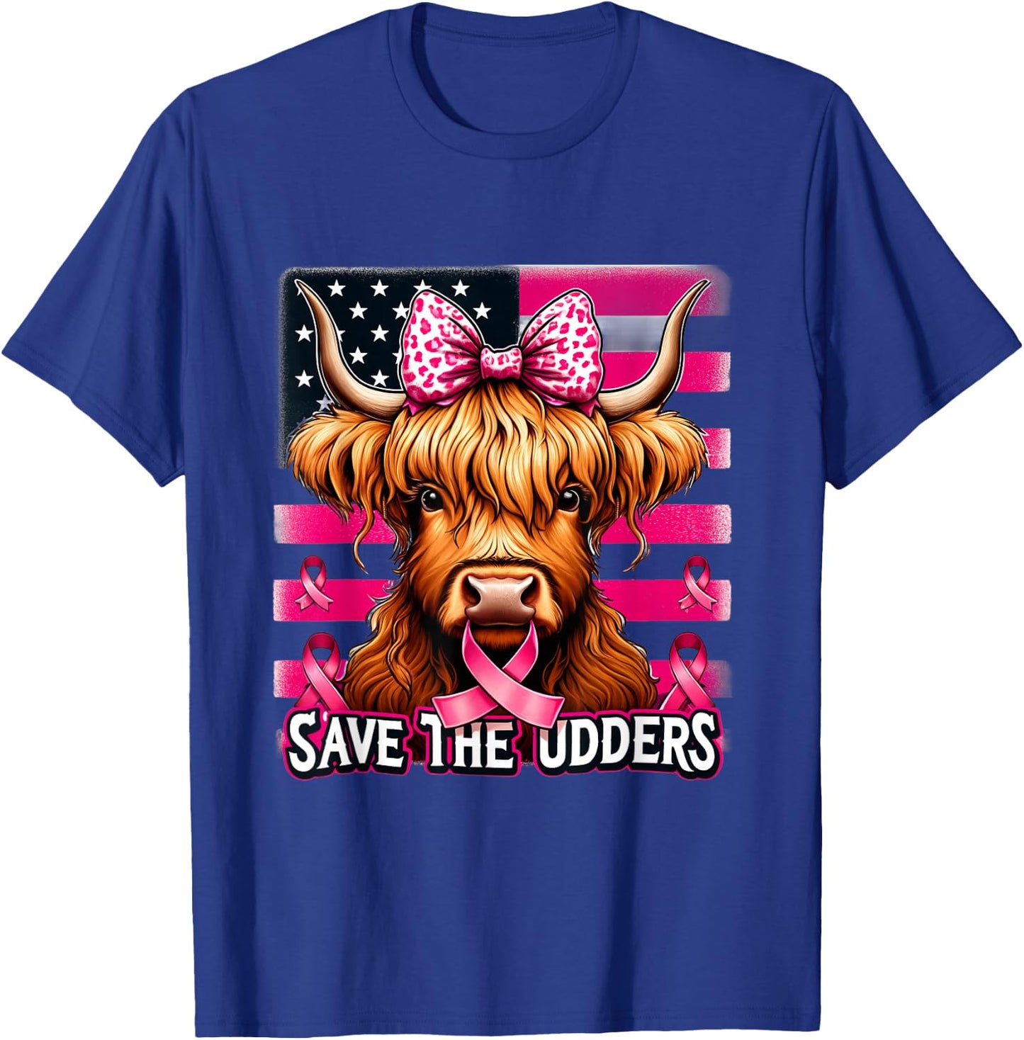 Retro Save The Udders Messy Hair Highland Cow Breast Cancer T-Shirt - T-Shirt | Royal