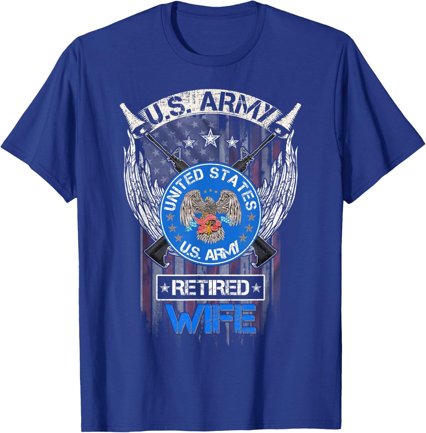 Vintage USA American Flag US Army Proud Retired Wife Funny T-Shirt - T-Shirt | Royal