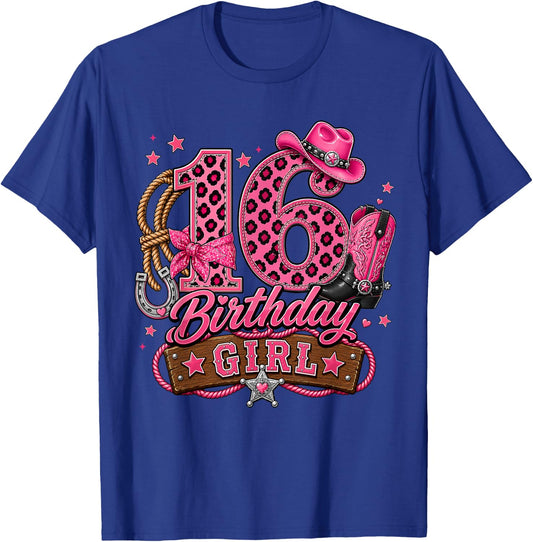 16th Birthday Girl Pink 16 Years Old Cowgirl Western Rodeo T-Shirt - T-Shirt | Royal