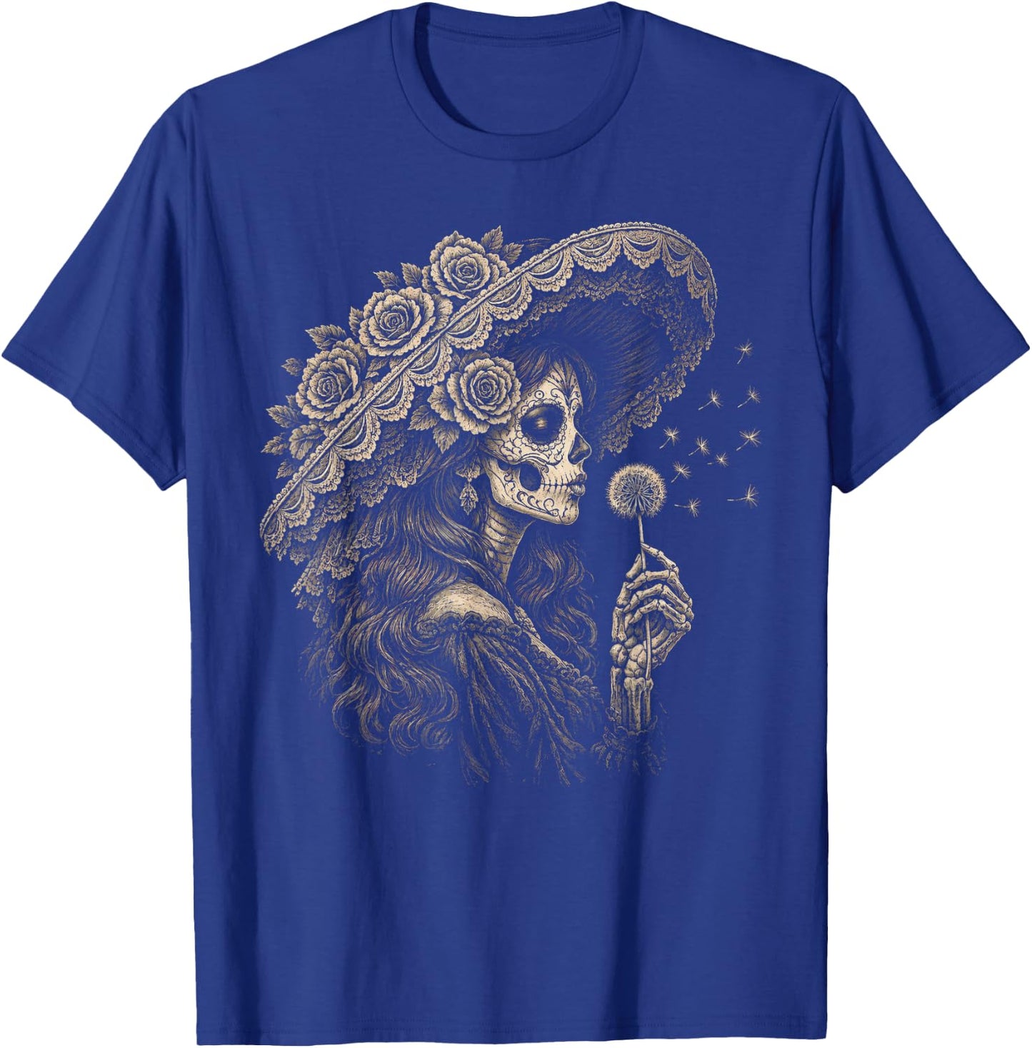Blowing Wishes La Catrina Blowing Dandelion Vintage Art T-Shirt - T-Shirt | Royal