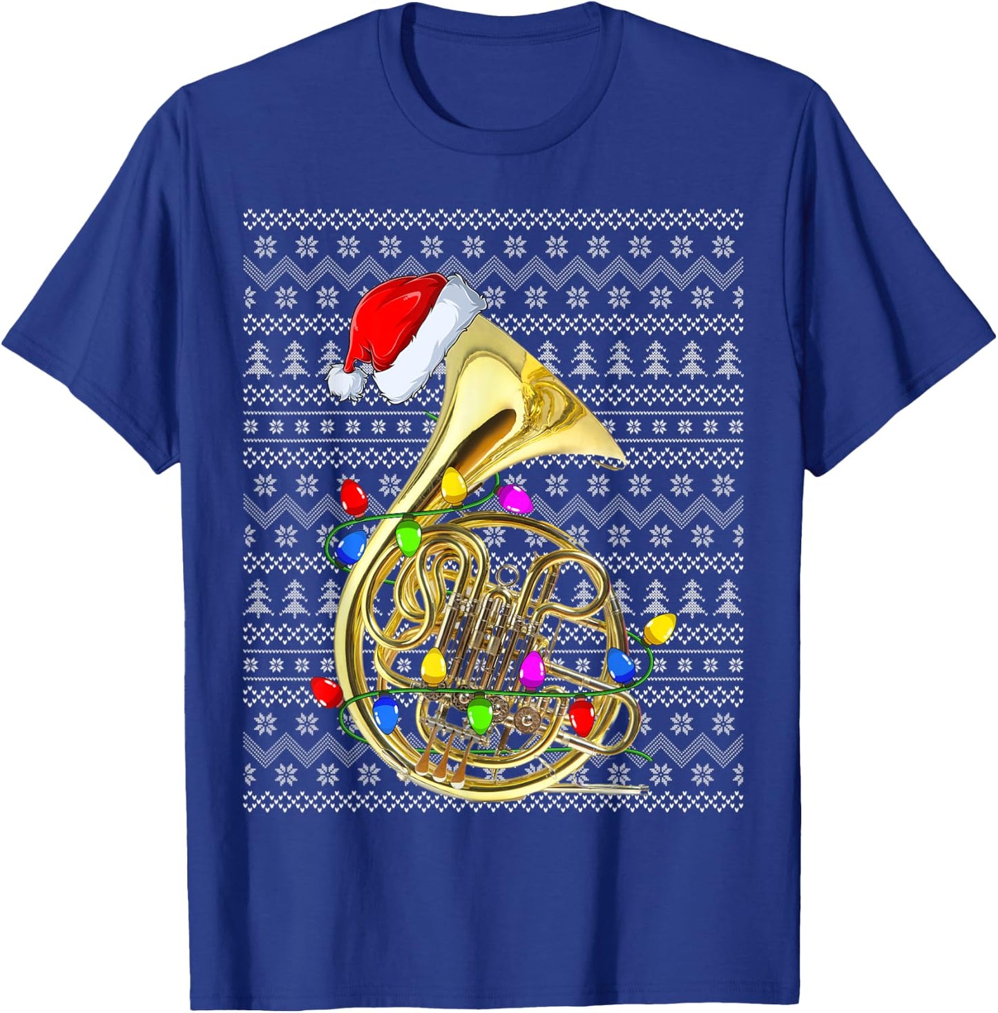 French Horn Lighting Xmas Sweater Ugly French Horn Christmas T-Shirt - T-Shirt | Royal