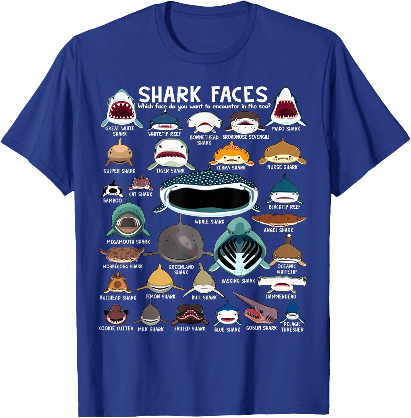 Shark Faces - Types of Shark - Marine Biology Ocean Lovers T-Shirt - T-Shirt | Royal