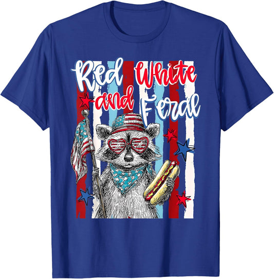 4th of July Red White and Feral Raccoon Men Women Kid T-Shirt - T-Shirt | Royal