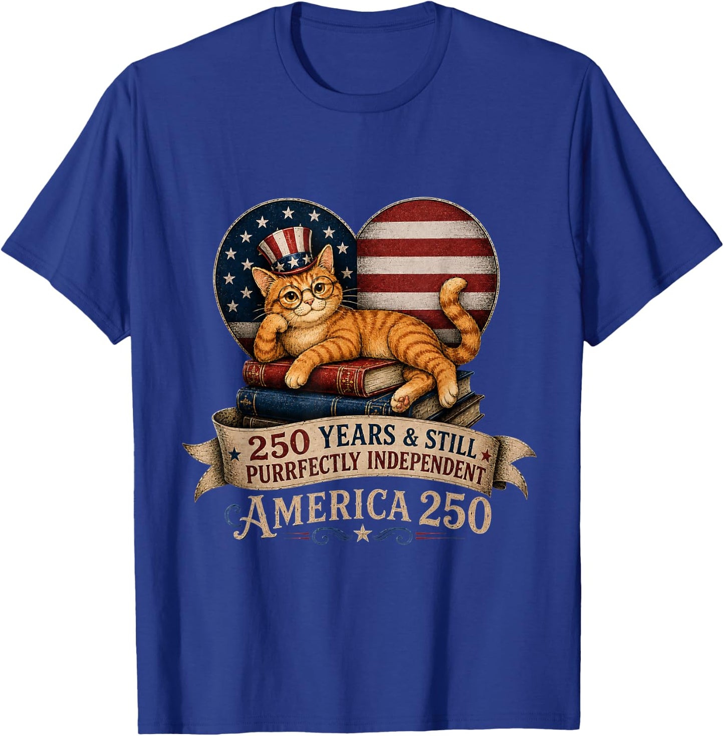 250 Anniversary Book Cat Purrfectly Independent 4th of July T-Shirt - T-Shirt | Royal