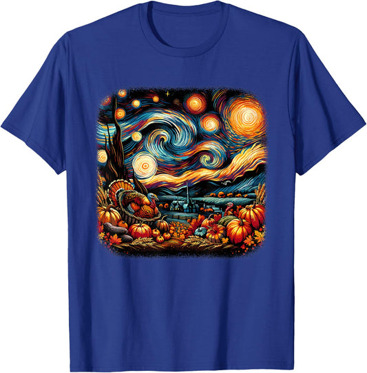 Thanksgiving Turkey & Pumpkin Harvest Starry Night Van Gough T-Shirt - T-Shirt | Royal