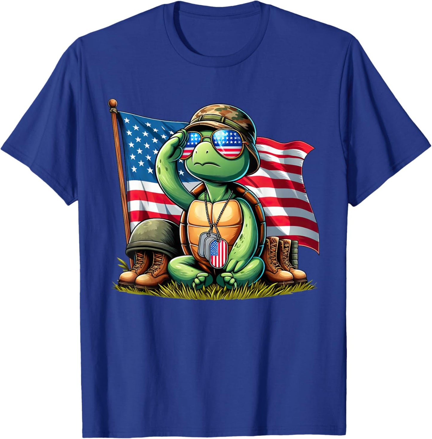Salute Turtle American USA Flag Memorial Day 4th of July T-Shirt - T-Shirt | Royal