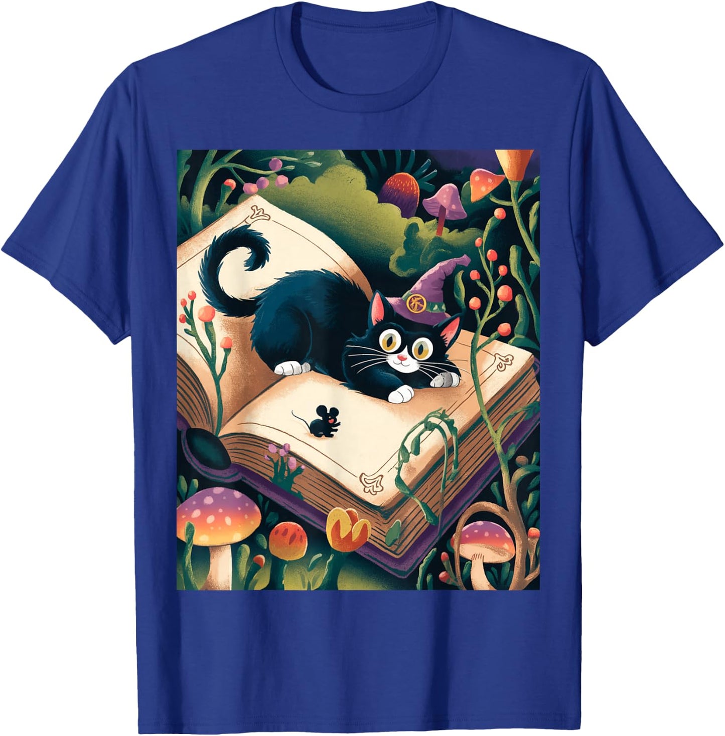 Enchanted Night: Mystical Feline Resting atop an Opened Book T-Shirt - T-Shirt | Royal