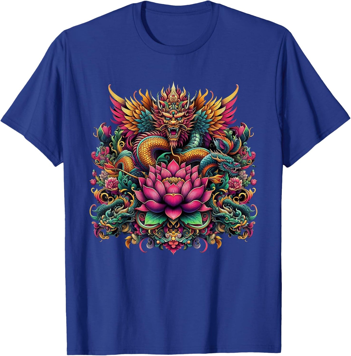 Vibrant Ornate Eastern Dragon Lotus Mythological Graphic T-Shirt - T-Shirt | Royal