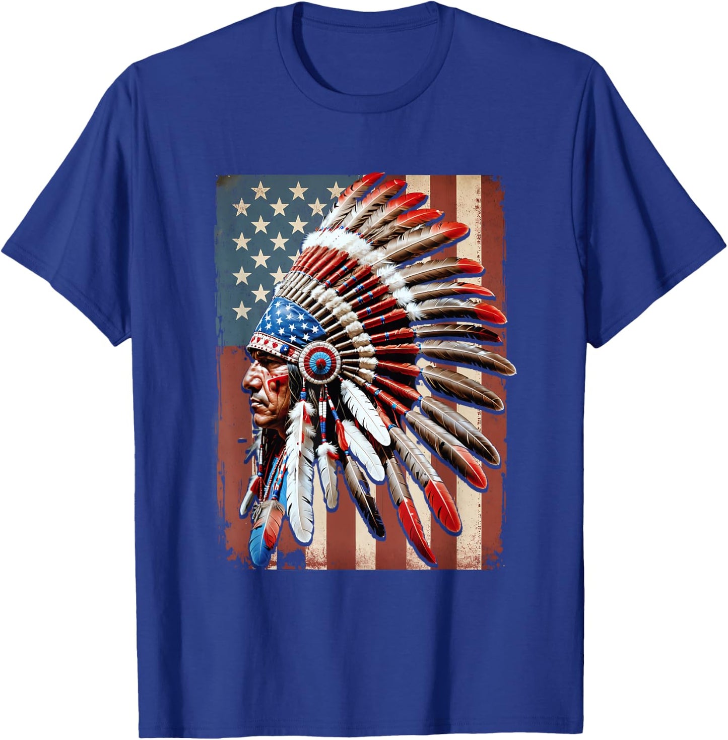 Native American Indian USA American Flag Indigenous Chief T-Shirt - T-Shirt | Royal