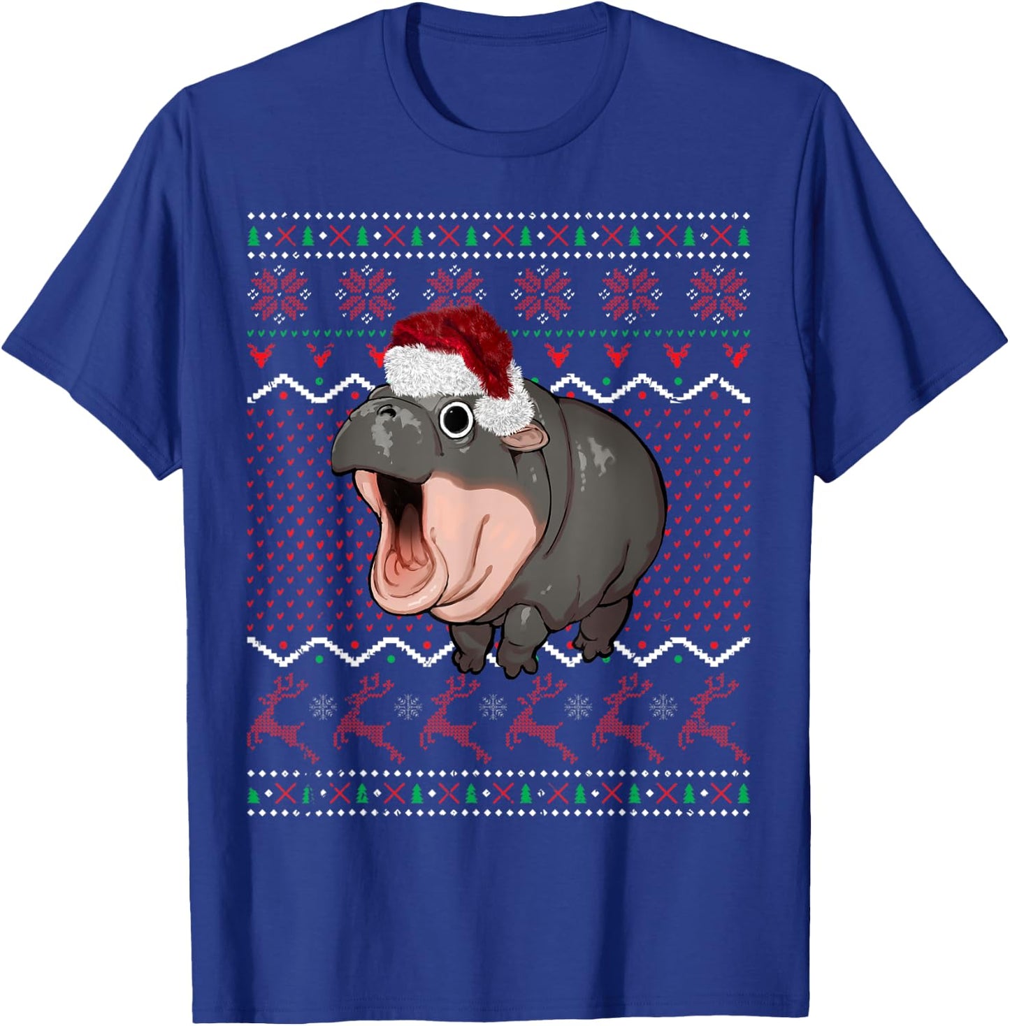 Moo Deng Christmas Baby Hippo Santa Hat Ugly Sweater Xmas T-Shirt - T-Shirt | Royal