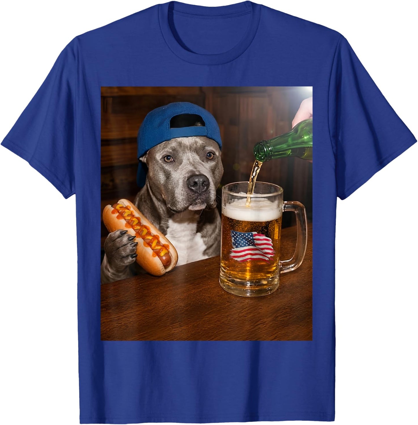 Funny Pitbull Meme Drinking Beer Hotdog USA Flag Pittie Moms T-Shirt - T-Shirt | Royal