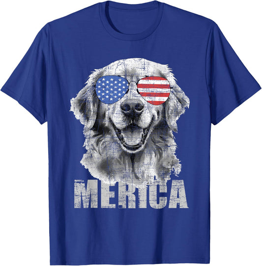 Merica - Patriotic American Flag Golden Retriever Dog Lover T-Shirt - T-Shirt | Royal