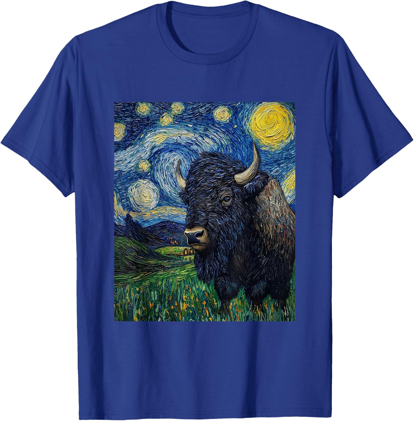 Bison Buffalo Van Gogh Style Starry Night Graphic T-Shirt - T-Shirt | Royal