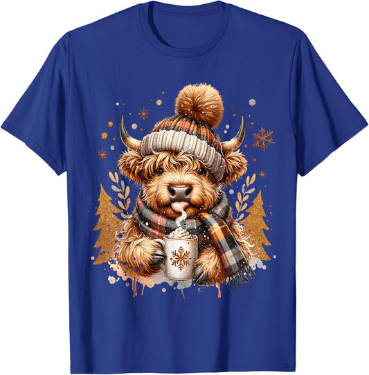 Cute Highland Cow Christmas Trees Winter Hot Cocoa Chocolate T-Shirt - T-Shirt | Royal