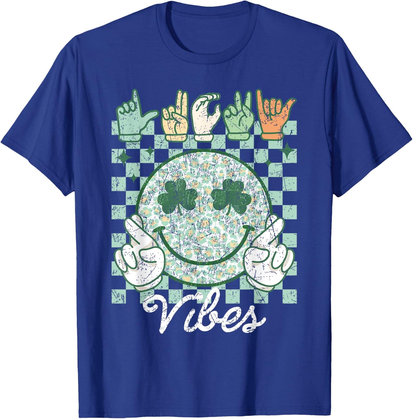 Lucky Vibes St Patrick's Day ASL Sign Language Deaf Groovy T-Shirt - T-Shirt | Royal