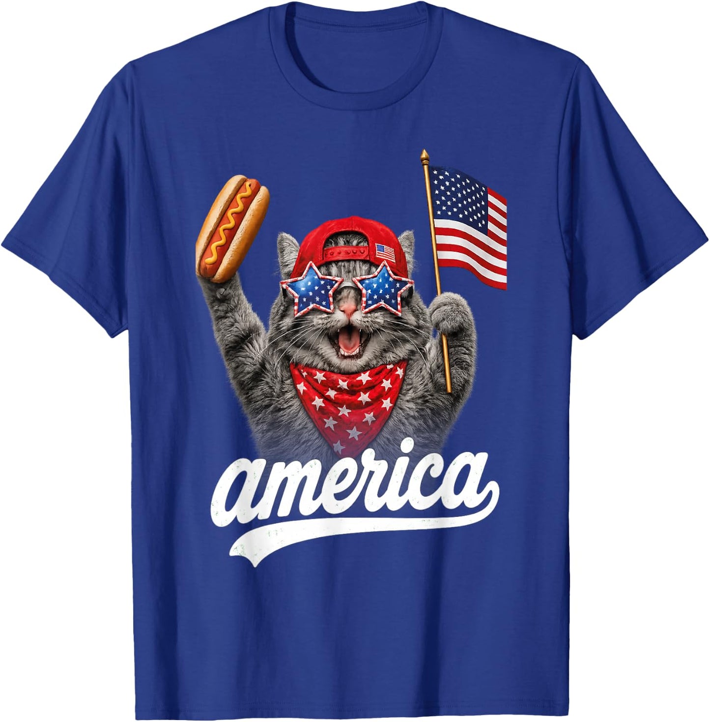 Funny Cat & Hot Dog Patriotic Cat USA Flag T-Shirt - T-Shirt | Royal