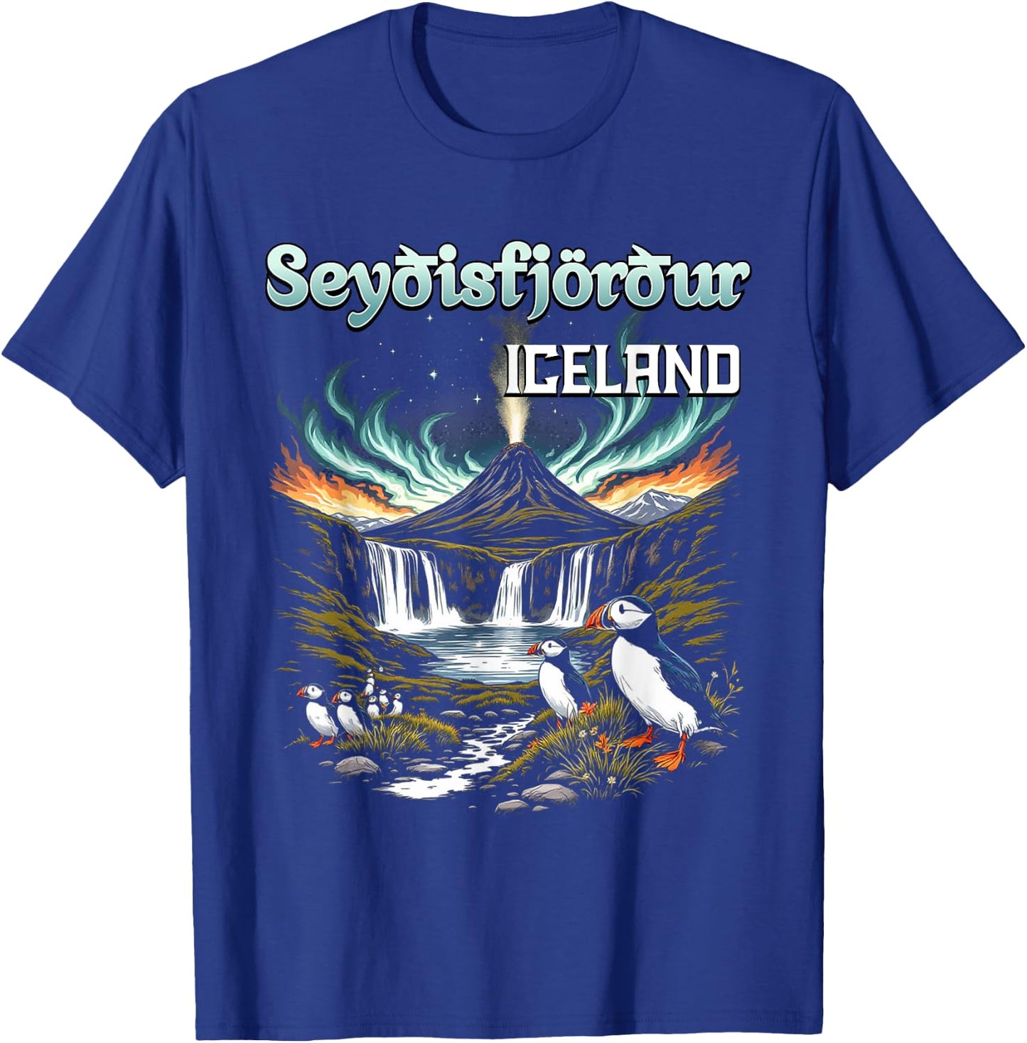 Seyðisfjörður Iceland Souvenir Icelandic Volcano Puffins T-Shirt - T-Shirt | Royal