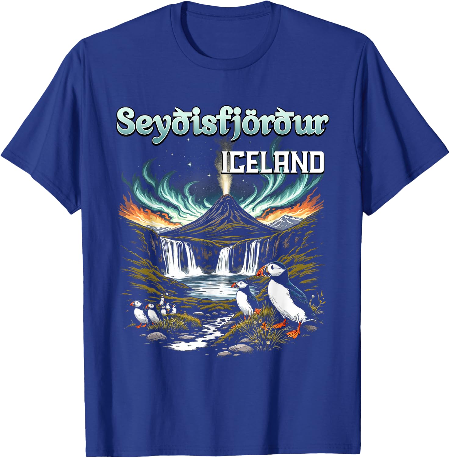 Seyðisfjörður Iceland Souvenir Icelandic Volcano Puffins T-Shirt - T-Shirt | Royal