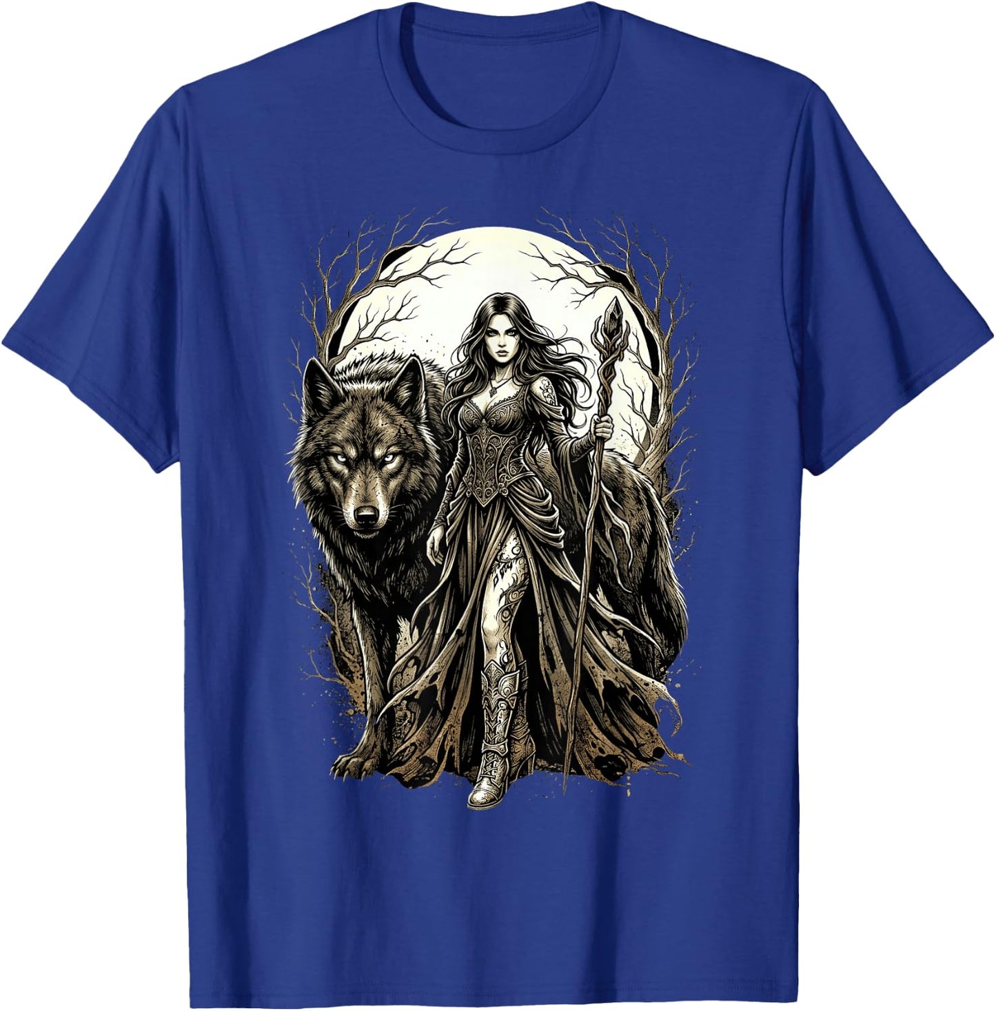Fantasy Kriegerin Wolf Vollmond Gothic Motiv T-Shirt - T-Shirt | Royal