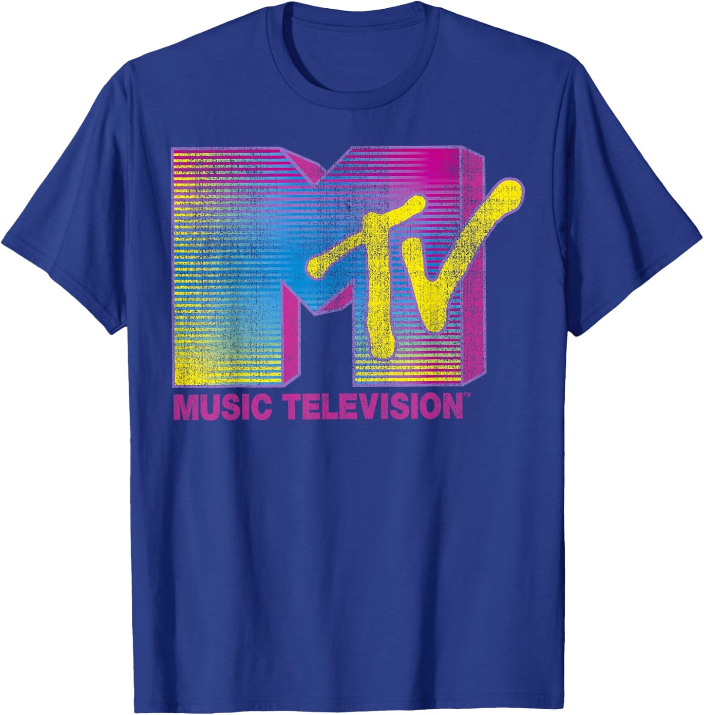 MTV Distressed Fluorescent Gradient Logo Classic Fit - Black, Adult T-Shirt - T-Shirt | Royal