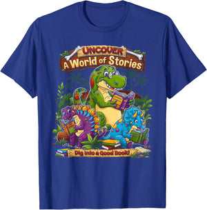 Uncover A World of Stories Dinosaur Reading Shirt for Kids T-Shirt - T-Shirt | Royal