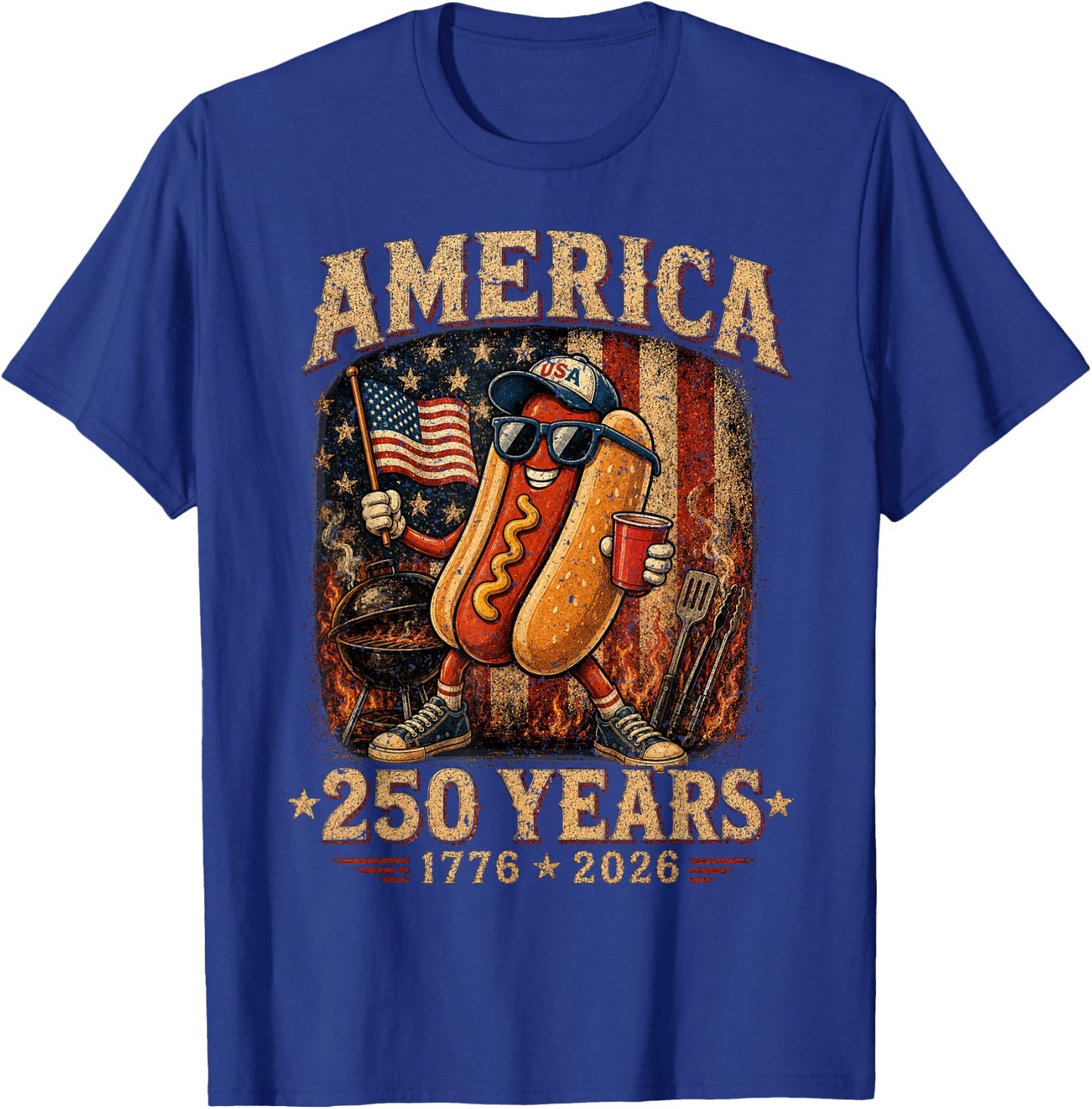 America 250 Years Funny Hotdog BBQ 1776 2026 Patriotic T-Shirt - T-Shirt | Royal
