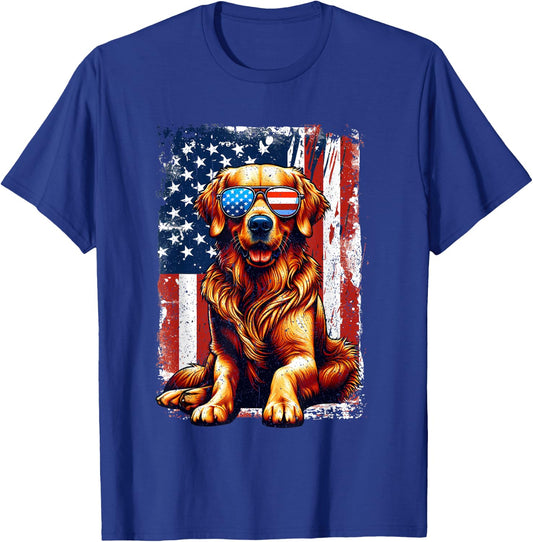 Vintage Golden Retriever Dog American US USA Flag Pets Lover T-Shirt - T-Shirt | Royal