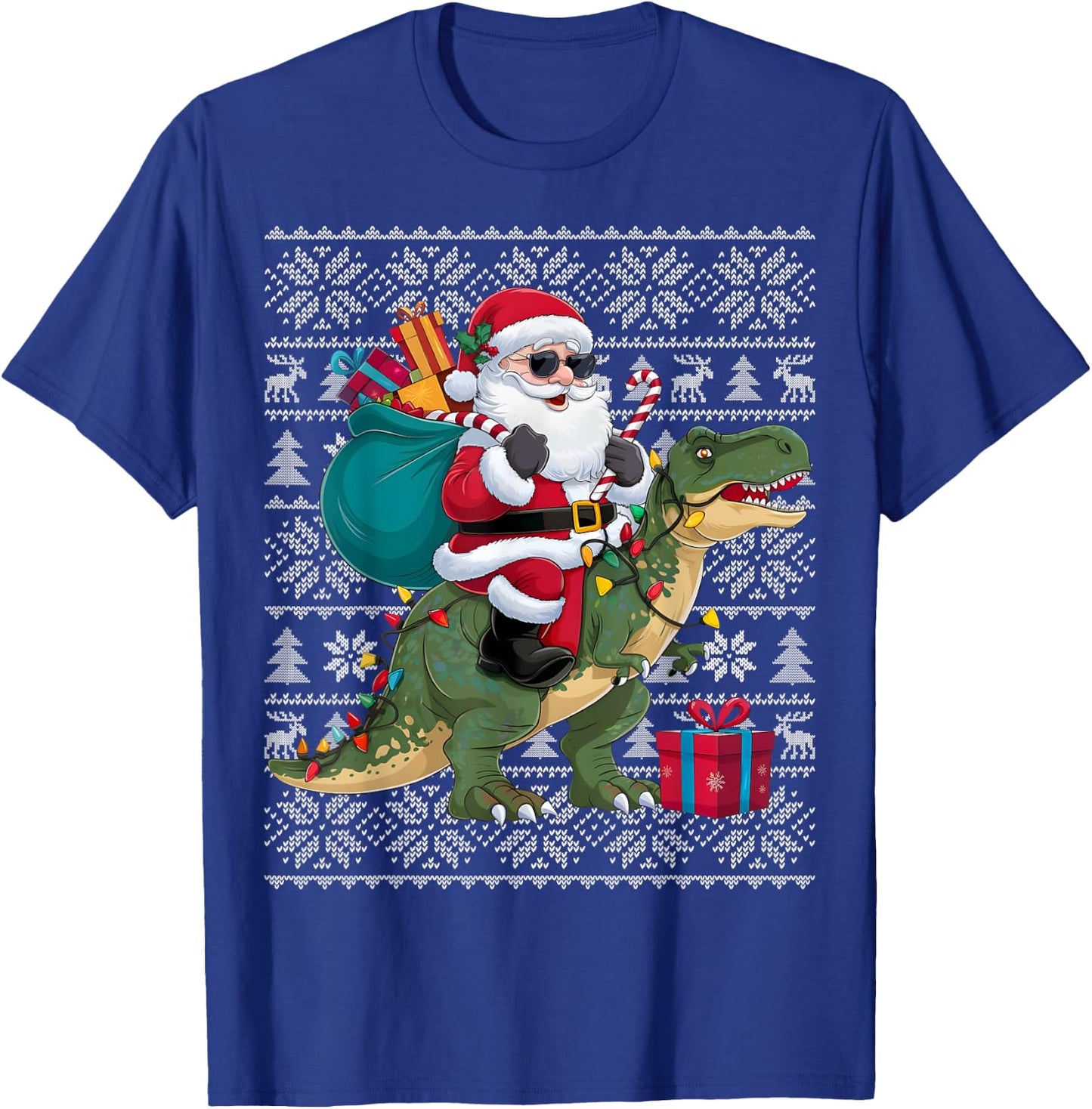 Ugly Xmas Sweater Style Santa Riding Dinosaur Christmas T-Shirt - T-Shirt | Royal
