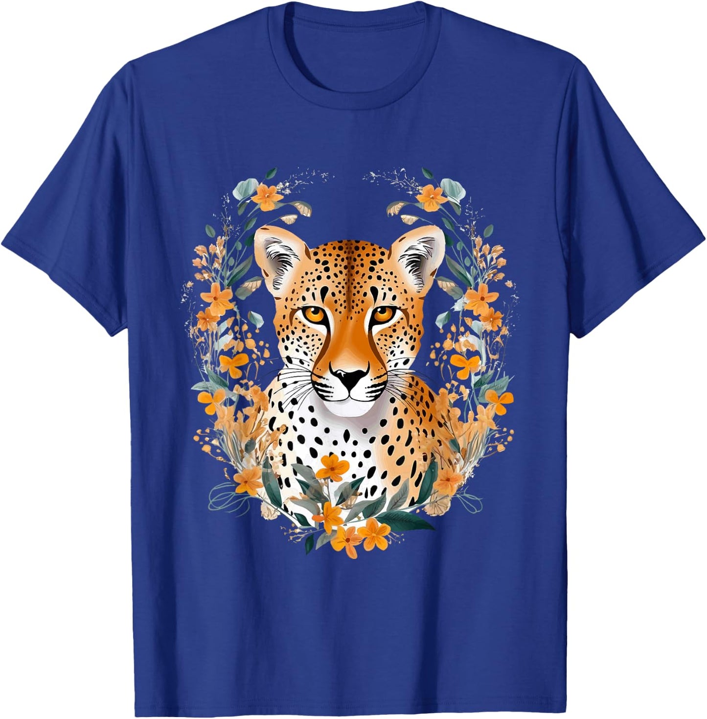 Cheetah Face Animal Print Big Cat Wildlife Flowers Design T-Shirt - T-Shirt | Royal