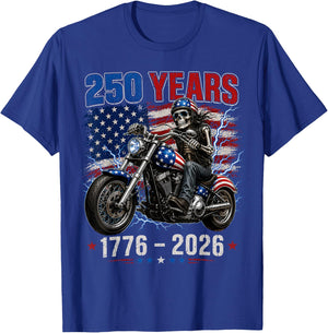 250 Anniversary USA 250th American Skull Motorcycle USA Flag T-Shirt - T-Shirt | Royal
