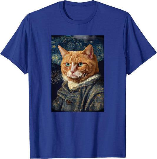 Funny Cat Art Painting Lover cats kitty kitten Starry Night T-Shirt - T-Shirt | Royal