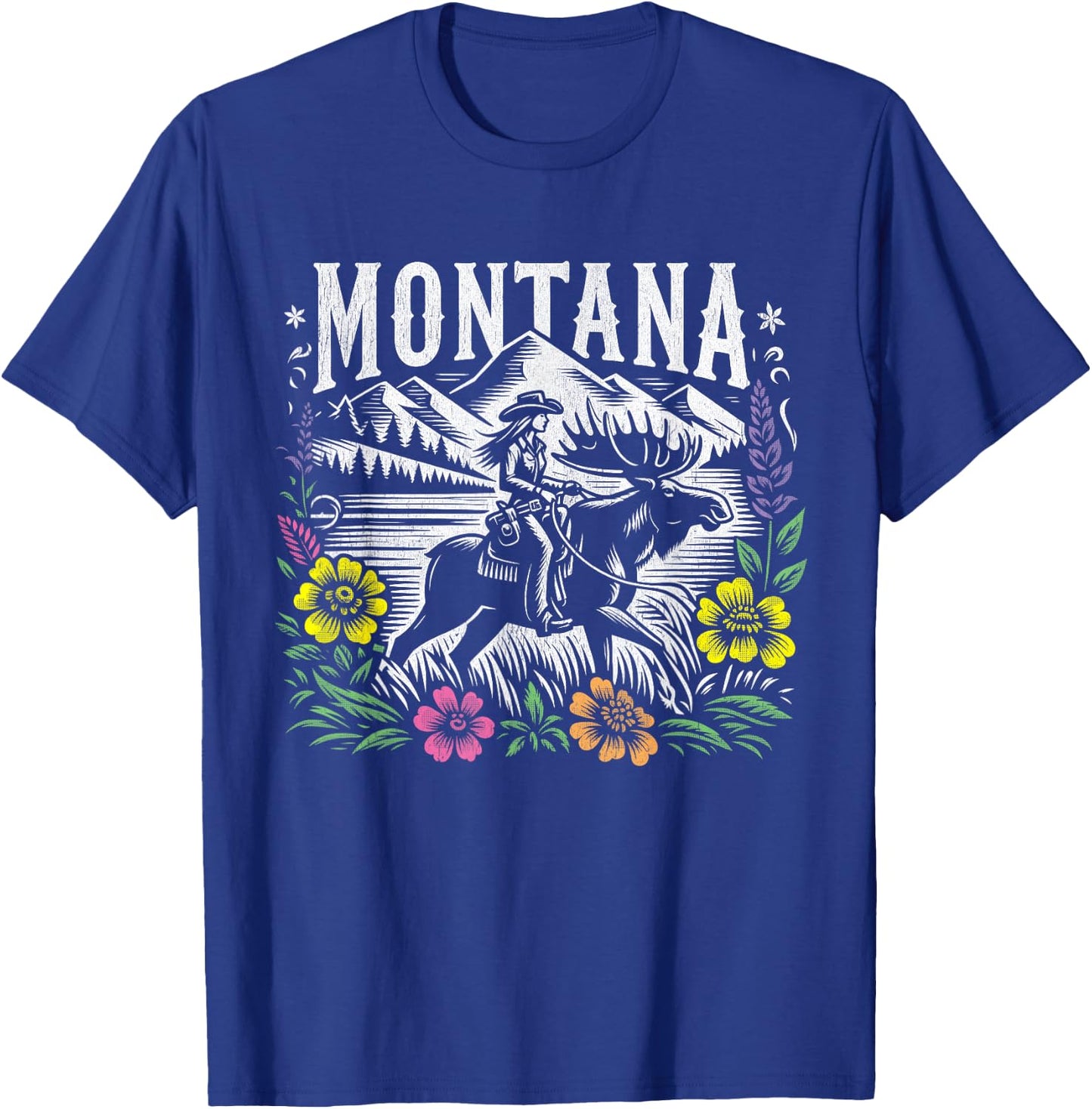 Montana Cowgirl Riding a Moose - Retro Look T-Shirt - T-Shirt | Royal