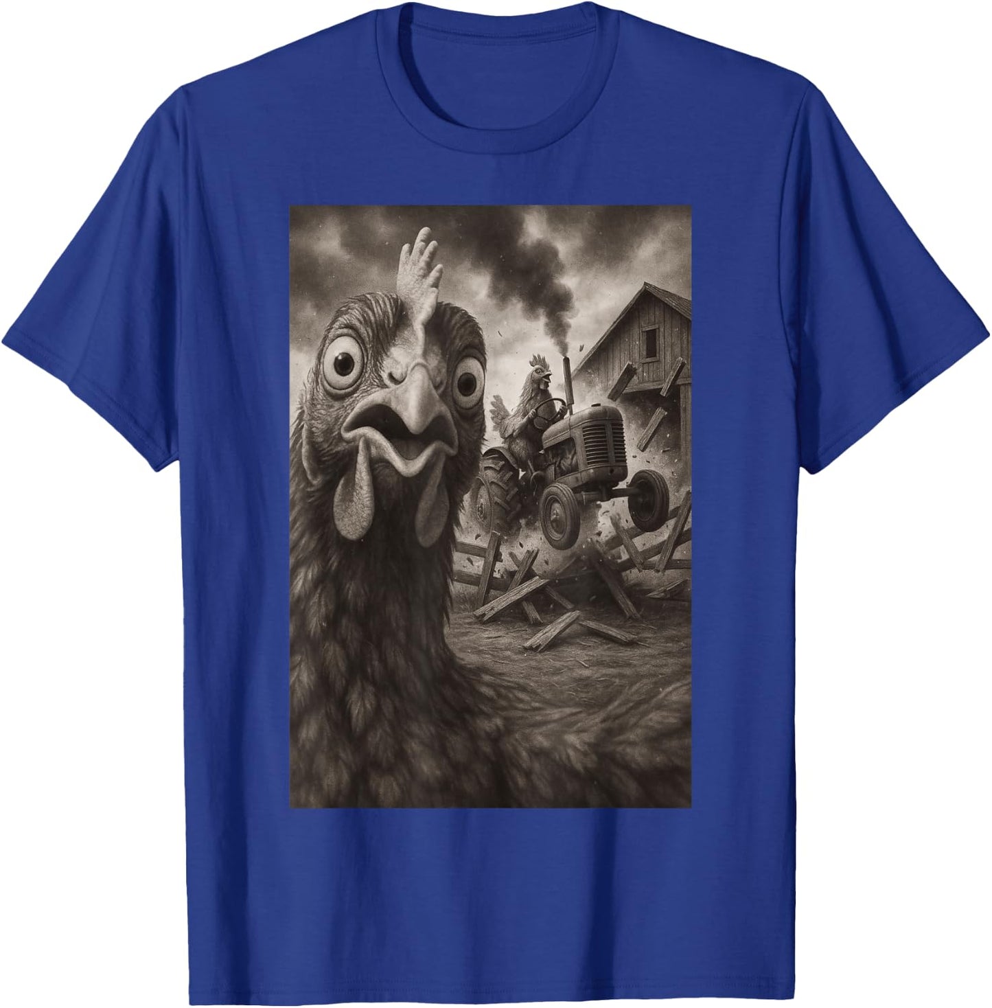 Chicken Tractor Rampage Funny Bird Art T-Shirt - T-Shirt | Royal