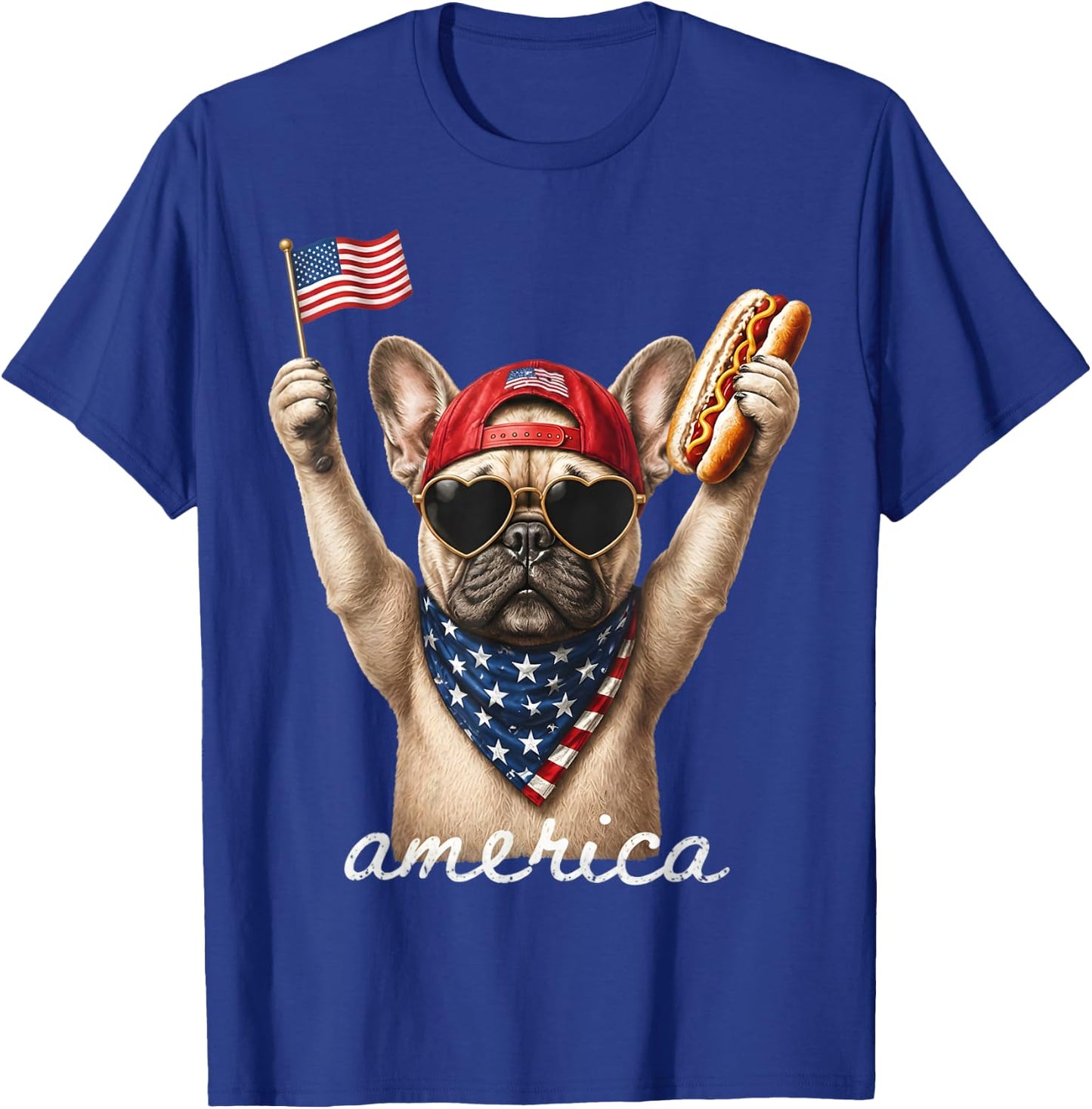 USA America French Bulldog Hot Dog 1776-2026 4th of July T-Shirt - T-Shirt | Royal