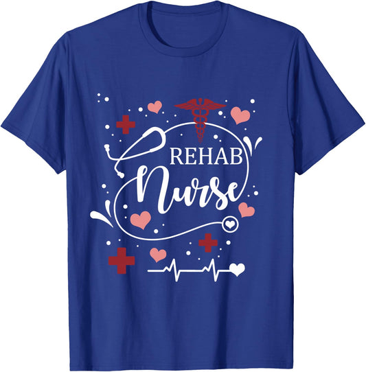 Rehab Nurse Cute Hearts Stethoscopes Matching T-Shirt - T-Shirt | Royal