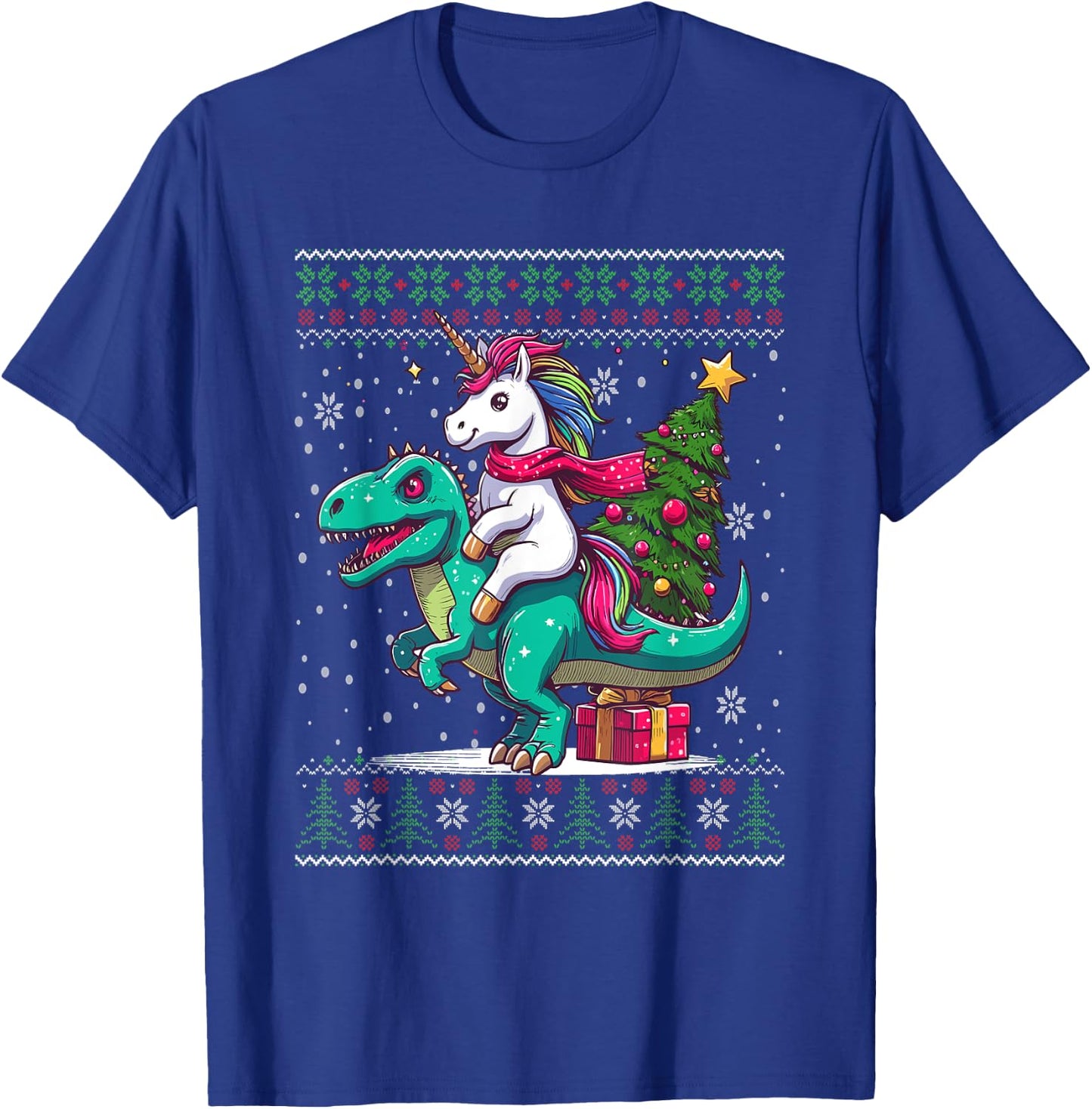 Christmas Unicorn Riding a Dinosaur Ugly Christmas Sweater T-Shirt - T-Shirt | Royal