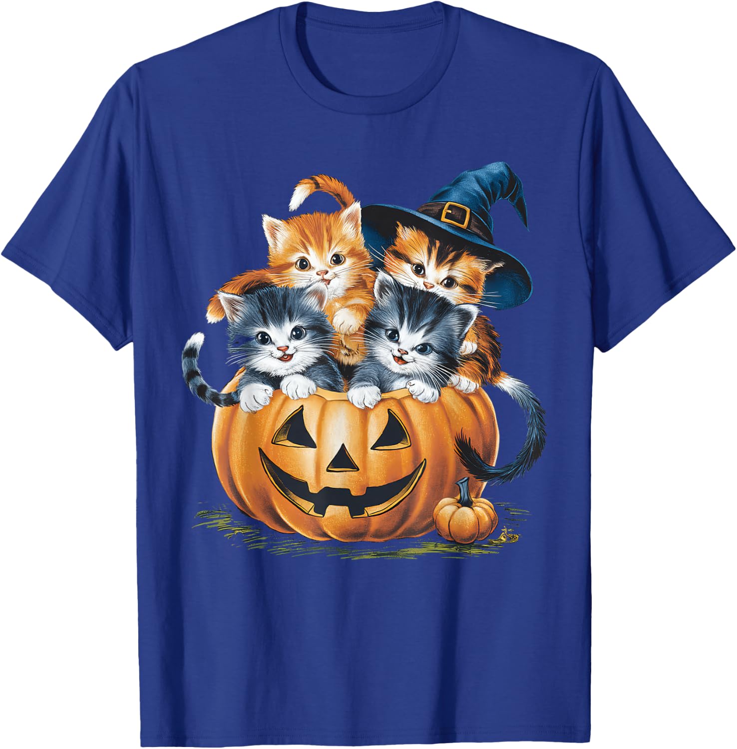 Vintage 90s Cat Pumpkin Halloween Retro Floral Spooky Season T-Shirt - T-Shirt | Royal
