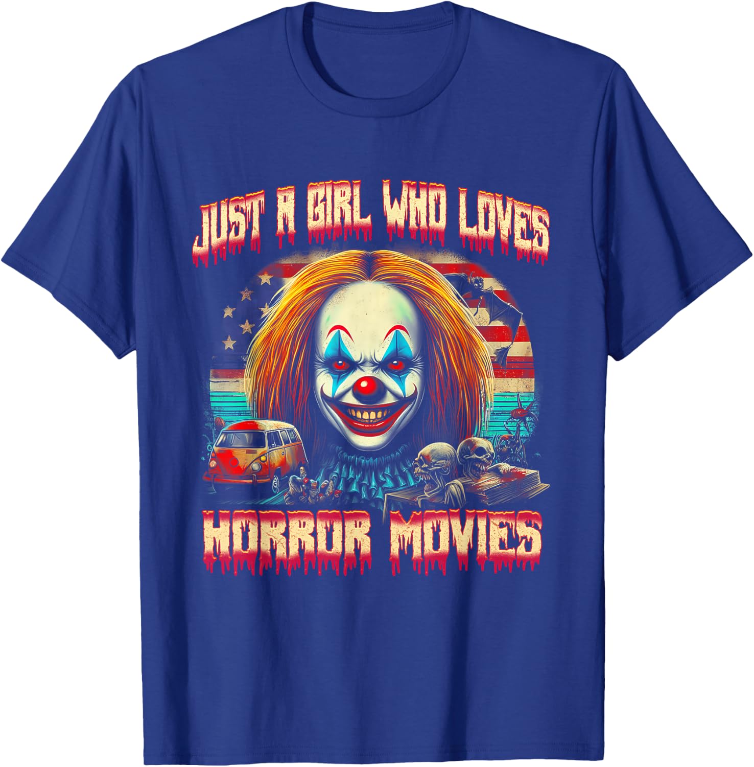 Vintage Just Girl Who Loves Horror Movies Clown Halloween T-Shirt - T-Shirt | Royal