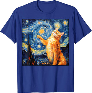 Art Van Gogh Starry Night Cat Painting Cats Lover Mom Dad T-Shirt - T-Shirt | Royal
