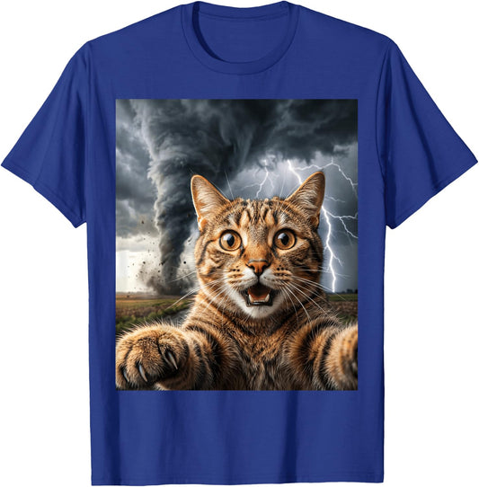 Funny Storm Chaser Cat Selfie Tornado Weather T-Shirt - T-Shirt | Royal