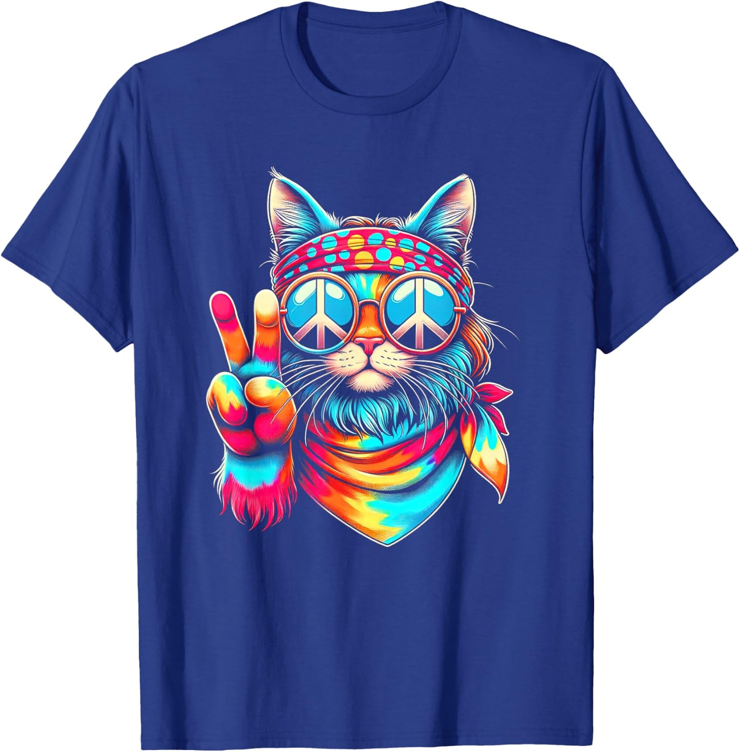 Funny Peace Cat Retro 70s Rainbow Hippie Cat Peace Sign Hand T-Shirt - T-Shirt | Royal