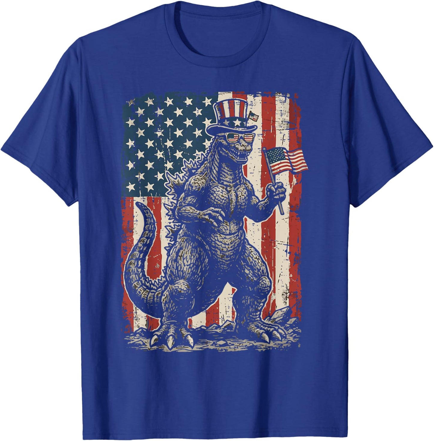 Japanese Lizard Monster US Flag 4th of July Men Women Kids T-Shirt - T-Shirt | Royal